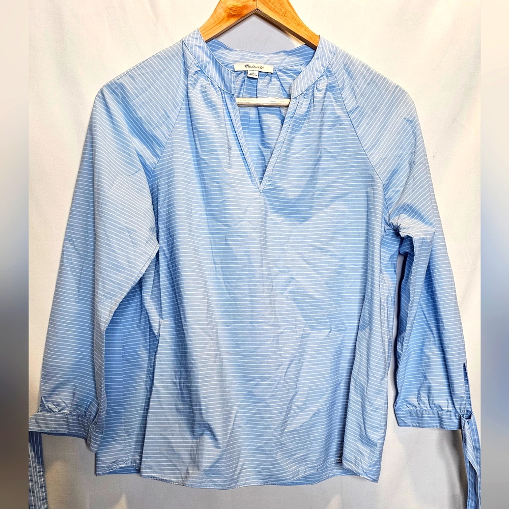Madewell Blue Striped Tie Sleeve Popover  Blouse